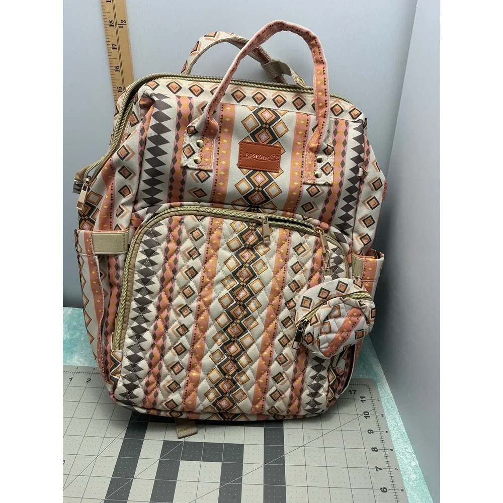 Rosegin Diaper Bag‎ Backpack Tribal Geometric Print with Changing Pad Orange